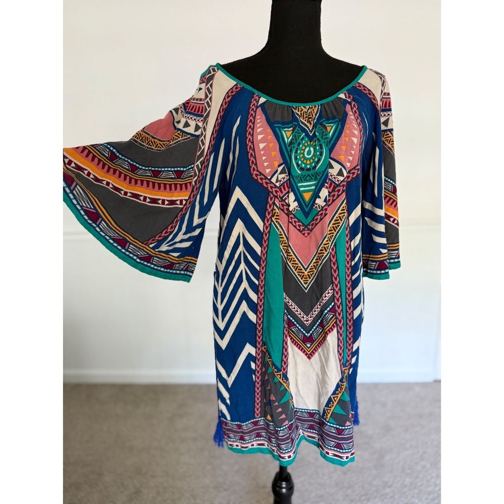 Flying Tomato Bohemian Tunic Dress Bell Sleeve‎ Colorful Print rayon Size S